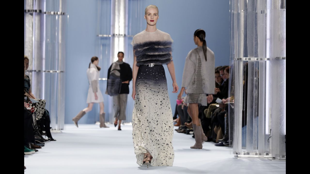 Carolina Herrera's fall collection explored water elements as seen in this water drop skirt with a blue fox top.