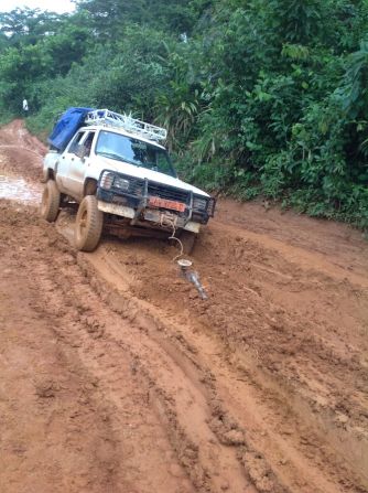 Much of the maternal health problem lies in the inaccessibility of healthcare in rural parts of the country, with hospitals few and far between and difficult to reach due to inadequate roads. Seen here is a car in which Gifted Mom volunteers were traveling to a remote village in order to raise awareness of the service.