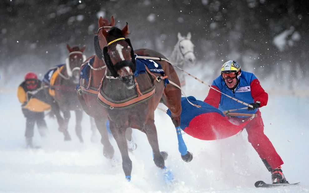 The sport can be treacherous as skiers, horses and ropes entwine in a bustling contest on, in the case of St Moritz, a snow-covered lake.
