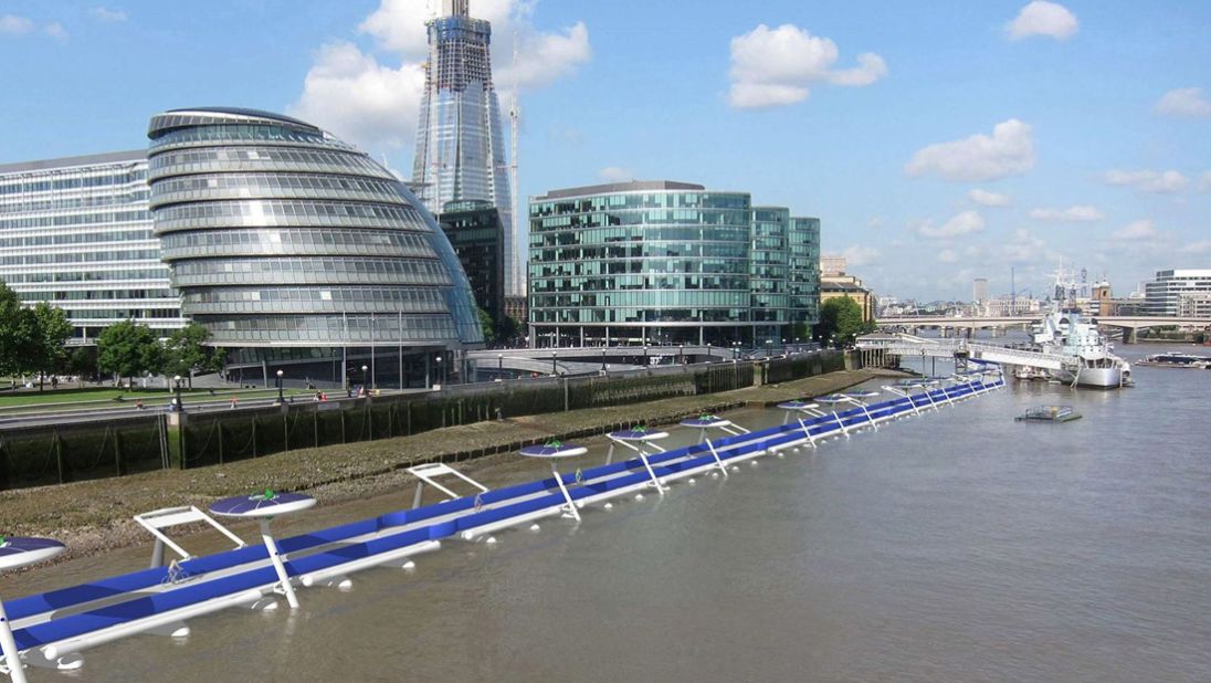 A proposal for a floating bike path that would use London's oldest thoroughfare, the river Thames. The 12km stretch would connect Battersea with the Docklands and slice the cycling time between the two destinations by 30 minutes. 