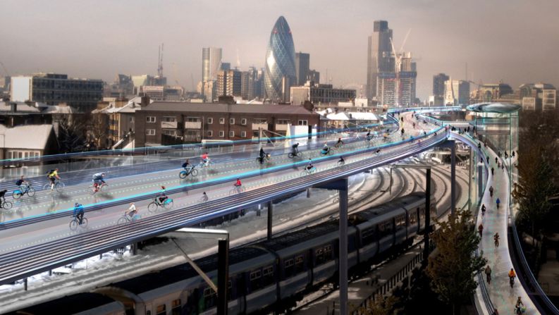 One of London's more ambitious proposals, the Norman Foster-designed elevated bike paths would use existing rail routes to shoot cyclists around the congested city. The design would comprise a total of 221km of bike paths on 10 routes, accommodating 12,000 cyclists per hour.