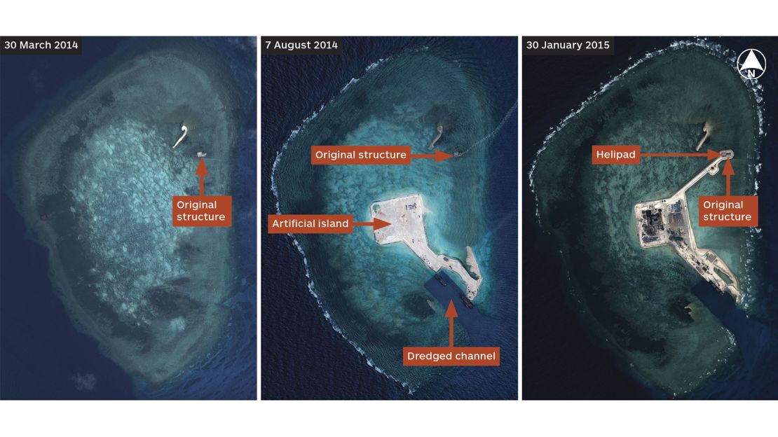 Satellite imagery from 30 March, 7 August 2014 and 30 January 2015 shows the extent of Chinese progress in building an island at Gaven Reefs in the Spratly Islands. 