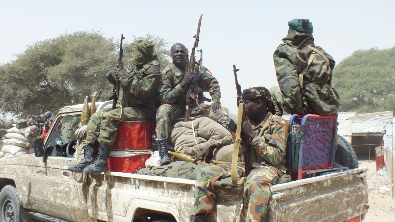 Chadian troops head off to Gambaru on Thursday, February 12. Their truck is just about to cross the El Beid Bridge.