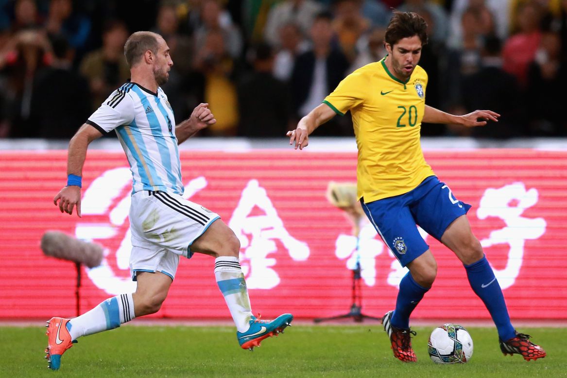 Although now 32-years-old, Kaka still harbors ambitions of extending his international career and even appearing at the 2018 World Cup in Russia. In this picture, he takes on Argentina's Pablo Zabaleta in an international friendly match in October 2014.