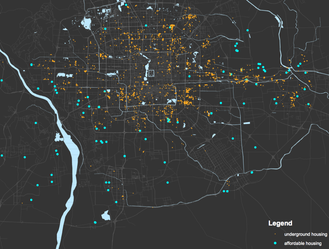 The orange dots show underground housing in Beijing. The blue dots are affordable housing. 