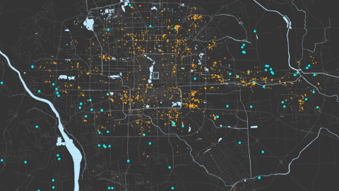 The orange dots show underground housing in Beijing. The blue dots are affordable housing.