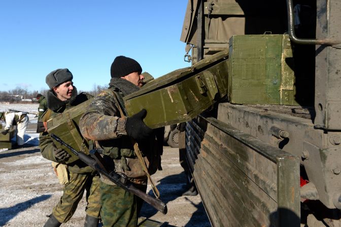 Pro-Russian rebels load the ammunition onto a truck. <a href="index.php?page=&url=http%3A%2F%2Fcnn.com%2F2015%2F02%2F18%2Feurope%2Fukraine-conflict%2F">The Organization for Security and Cooperation in Europe, </a>which is tasked with monitoring the ceasefire and a supposed withdrawal of heavy weapons, has not been able to gain access to Debaltseve because of the continued conflict.