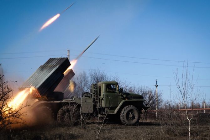 Pro-Russian rebels stationed in the eastern Ukrainian city of Gorlivka, Donetsk region, launch missiles from a Grad launch vehicle toward a position of the Ukrainian forces in Debaltseve on February 13. <a href="index.php?page=&url=http%3A%2F%2Fcnn.com%2F2015%2F02%2F13%2Feurope%2Fukraine-conflict%2F">Ukraine President Petro Poroshenko said </a>the  ceasefire that was due to go into effect is in "big danger."