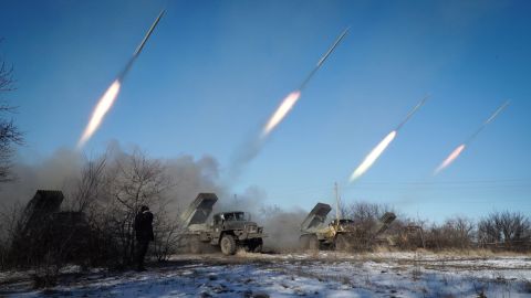 Pro-Russian rebels stationed in Horlivka launch missiles on Wednesday, February 18. 