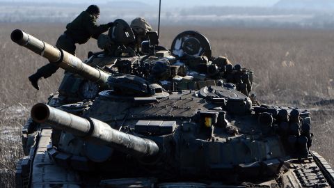 Pro-Russian separatists take position near Uglegorsk, Ukraine, on February 18.