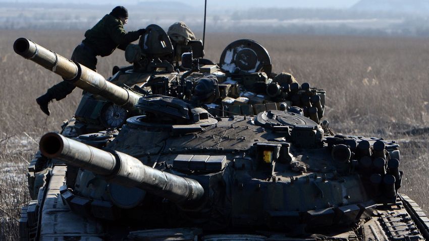Pro-Russian separatists take position near Uglegorsk, Ukraine, on February 18.