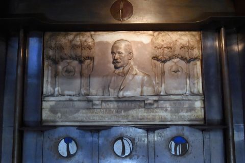 A memorial plaque from 1901 of Sir James Fleming, former chairman of the Glasgow School of Art, which survived the fire at the Mackintosh Library.<br /><br />Glasgow's position as a center of trade and its prominent position in the British Empire in the late 19th century exposed the city to many international cultures and influences. <br /><br />One country which made a particular impact on the young Mackintosh was Japan. This interest in the East, described at the time by various observers as Japonisme, went on to inform much of his later work.
