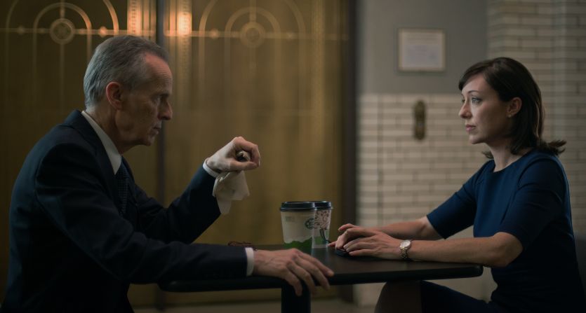 Congresswoman Jacqueline "Jackie" Sharp (Molly Parker) shares coffee with her mentor, Ted Havemeyer (David Clennon). After Frank Underwood became vice president he made sure Sharp succeeded him as House Majority Whip, although their loyalties were often strained.