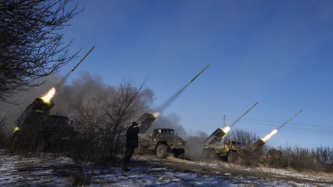 Pro-Russian rebels stationed in Gorlivka, Ukraine, launch missiles on Wednesday, February 18. <a href="http://www.cnn.com/2015/01/23/world/gallery/ukraine-crisis-2015/index.html" target="_blank">Fighting between Ukrainian troops and pro-Russian rebels in the country</a> has left more than 5,000 people dead since mid-April, according to the United Nations. A recent ceasefire appears to have faltered.