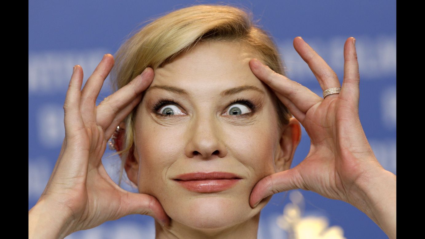 Actress Cate Blanchett gestures during a news conference Friday, February 13, at the Berlin Film Festival. She was promoting the new film "Cinderella."