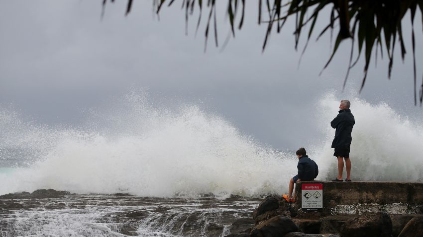GOLD COAST, AUSTRALIA - FEBRUARY 19: People watch waves at Snapper Rocks as Cyclone Maria approaches the coast of Queensland on February 19, 2015 in Gold Coast, Australia. Cyclone Maria is a category 4 storm expected to hit central Queensland between Mackay and Gladstone early Friday morning. (Photo by Chris Hyde/Getty Images)