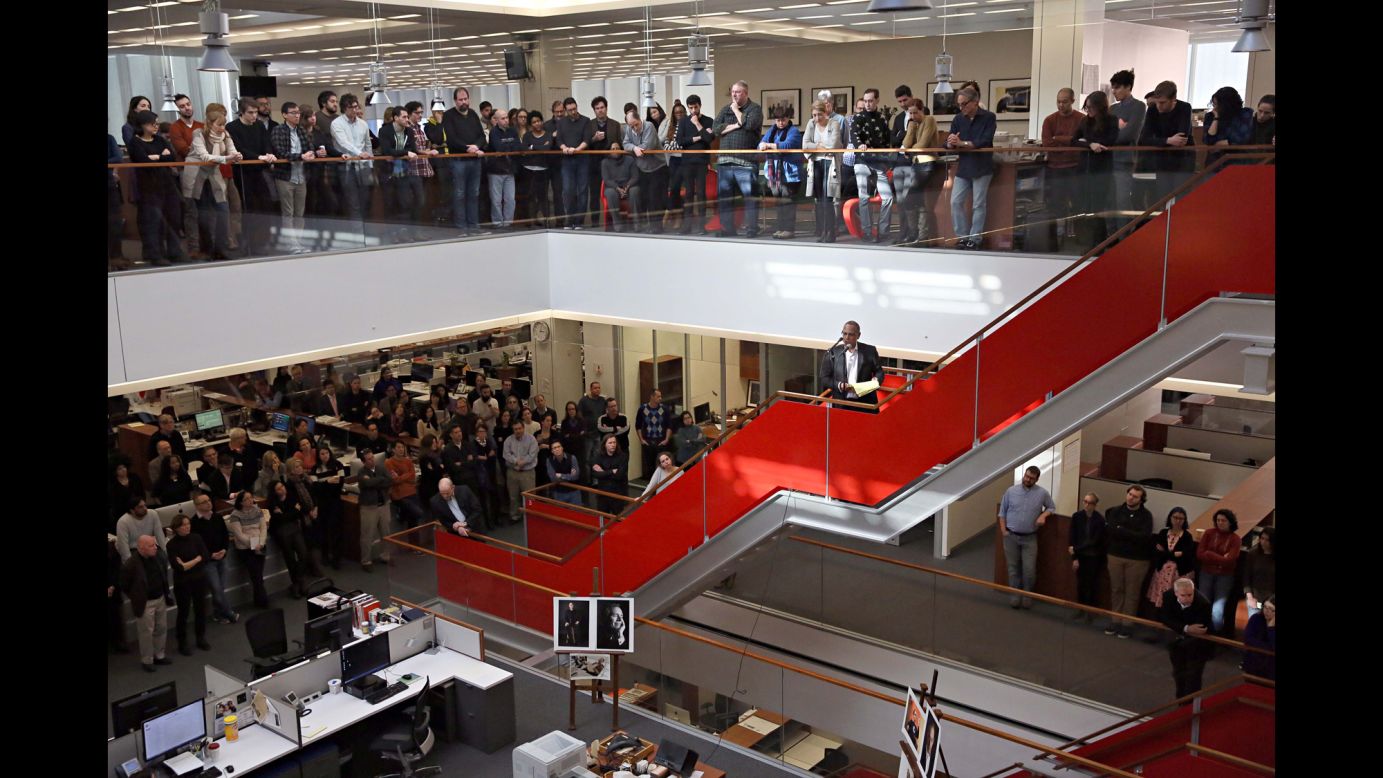 Dean Baquet, executive editor of The New York Times, speaks at the newspaper's headquarters during a memorial for columnist <a href="http://money.cnn.com/2015/02/12/media/david-carr-new-york-times-obit-dead/index.html" target="_blank">David Carr </a>on Friday, February 13. Carr, 58, died from complications from lung cancer and heart disease, <a href="http://www.cnn.com/2015/02/15/us/david-carr-cancer-complications/index.html" target="_blank">an autopsy revealed.</a> He was "one of the most gifted journalists" to ever work at the newspaper, Times publisher Arthur Sulzberger Jr. said.