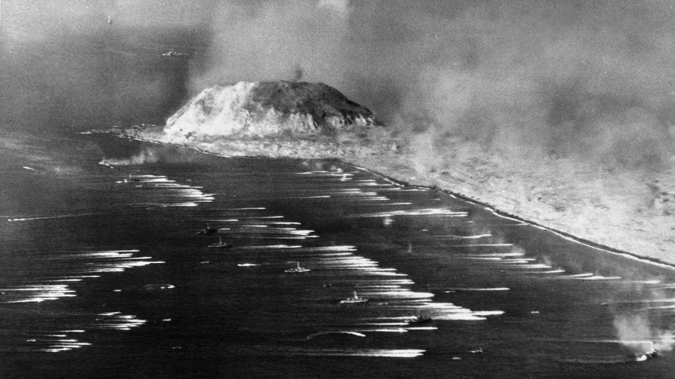 The first wave of Marines heads for the beach of Iwo Jima on February 19, 1945.