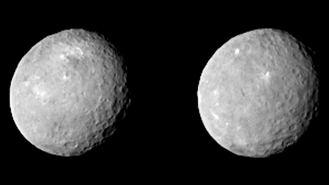 These two views of Ceres were taken on February 12, when Dawn was about 52,000 miles (84,000 kilometers) from Ceres. The images were taken about 10 hours apart.