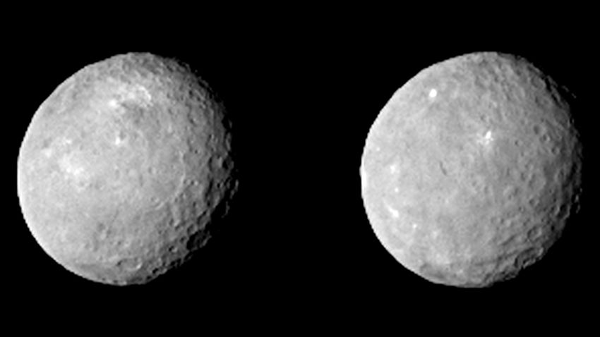 These two views of Ceres were acquired by NASA's Dawn spacecraft on Feb. 12, 2015, from a distance of about 52,000 miles (83,000 kilometers) as the dwarf planet rotated. The images, which were taken about 10 hours apart, have been magnified from their original size