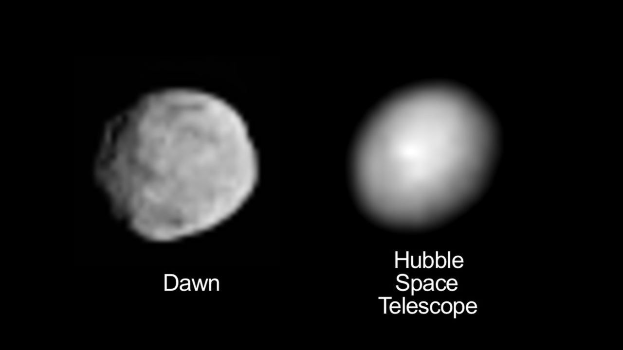This image compares an image of Vesta taken by Dawn as it moved in on the protoplanet with one taken by the Hubble Space Telescope. Before the Dawn mission, the Hubble image was the best available.
