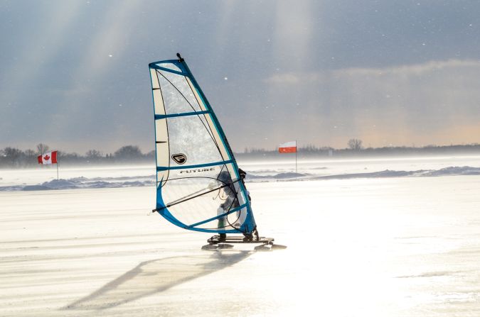 An ice sled competitor navigates a windy course at the championships. 