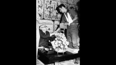Netanyahu shakes hands with Israeli President Zalman Shazar during a November 1972 ceremony honoring the Sayeret Matkal soldiers who freed hostages in a hijacking earlier that year.