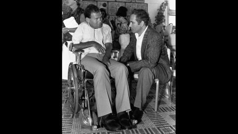 Netanyahu speaks in July 1986 with Sorin Hershko, one of the Israeli soldiers wounded in Operation Entebbe. It was the 10th anniversary of Operation Entebbe, a dramatic rescue of Jewish hostages at Uganda's Entebbe Airport. Netanyahu's brother, Yonatan, was killed leading Operation Entebbe in 1976. Affected by his brother's death, Netanyahu organized two international conferences on ways to combat terrorism, one in 1979 and another in 1984.