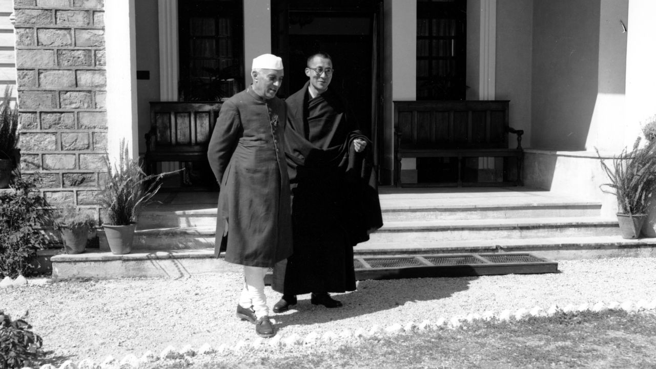 Indian Prime Minister Jawaharlal Nehru visits the Dalai Lama in 1959 at the Birla House in Mussoorie, India. In 1960, the Dalai Lama moved to Dharamsala, where he established the headquarters of the Tibetan government in exile.