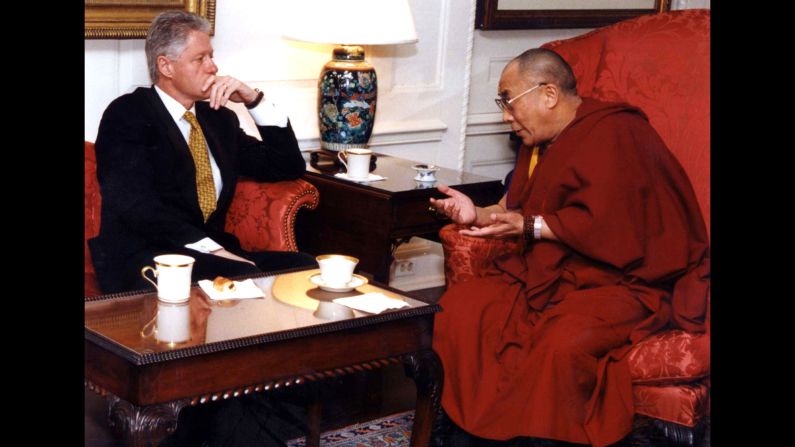 <a >US President Bill Clinton </a>meets with the Dalai Lama at the White House in 1998. The Dalai Lama requested assistance in opening official negotiations with China regarding the future of Tibet.