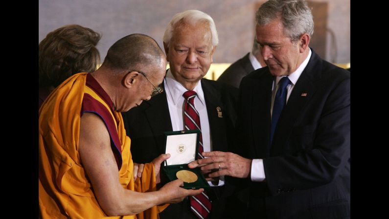 <a >United States President George W. Bush</a> presents the Dalai Lama with the Congressional Gold Medal in 2007.