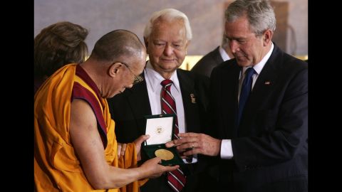 <a href="https://www.cnn.com/2013/07/07/us/george-w-bush-fast-facts/index.html">United States President George W. Bush</a> presents the Dalai Lama with the Congressional Gold Medal in 2007.