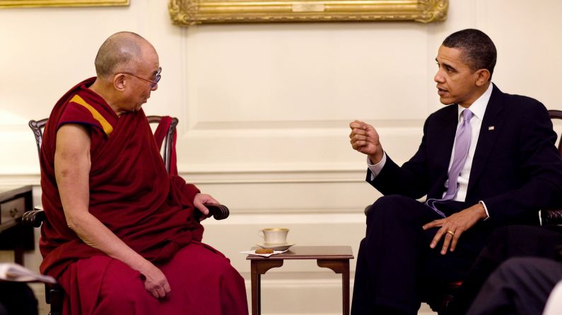 United States <a >President Barack Obama</a> meets with the Dalai Lama at the White House on February 18, 2010.