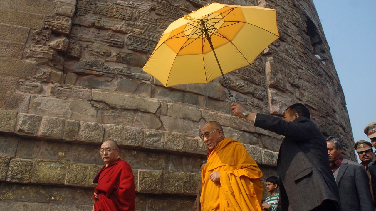 The Dalai Lama visits the Dhamek Stupa in Sarnath, India, on January 11, 2013. The area is said to mark the spot where Buddha first addressed disciples after attaining enlightenment. In 2013, a senior Chinese official said, "The Dalai Lama has long been engaged in secessionist activities, which run against both the common interests of people of various ethnic groups and the traditions of Tibetan Buddhism."