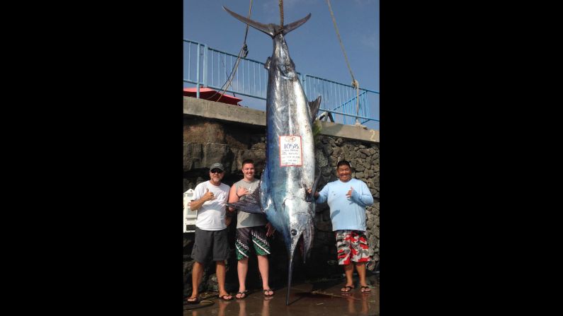 McGrew Rice, left, Kai Rizzuto and Carlton Arai pose with the 1,058-pound blue marlin that Kai caught off the Kona coast of Hawaii on Wednesday. 