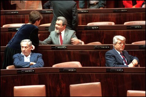 Netanyahu and former foreign minister David Levy sit in the Knesset, Israel's parliament, during the vote for a new Israeli President on March 24, 1993.