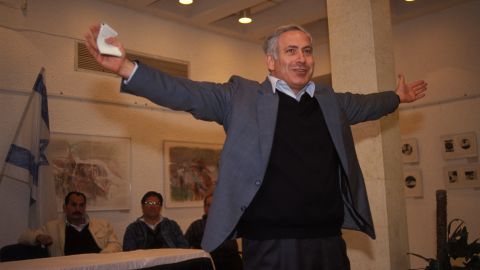 Netanyahu celebrates after being elected chairman of the right-wing Likud party on March 21, 1993.