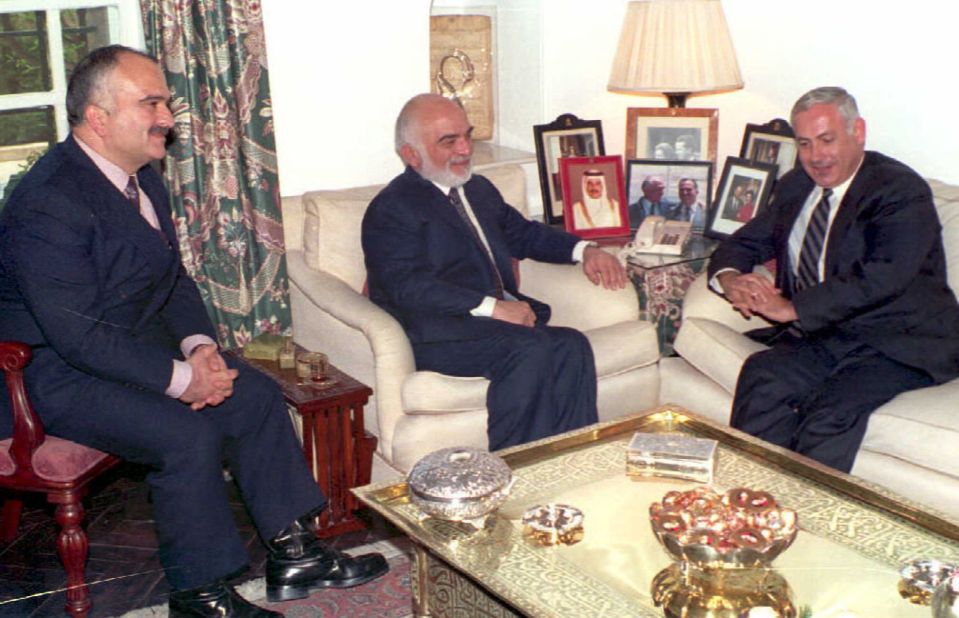 Netanyahu meets with King Hussein of Jordan, center, and Crown Prince Hassan in December 1994. It was Netanyahu's first visit to Jordan.