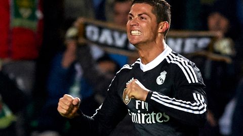 Cristiano Ronaldo celebrates his goal for Real Madrid in a 2-0 win over Elche in a La Liga clash.