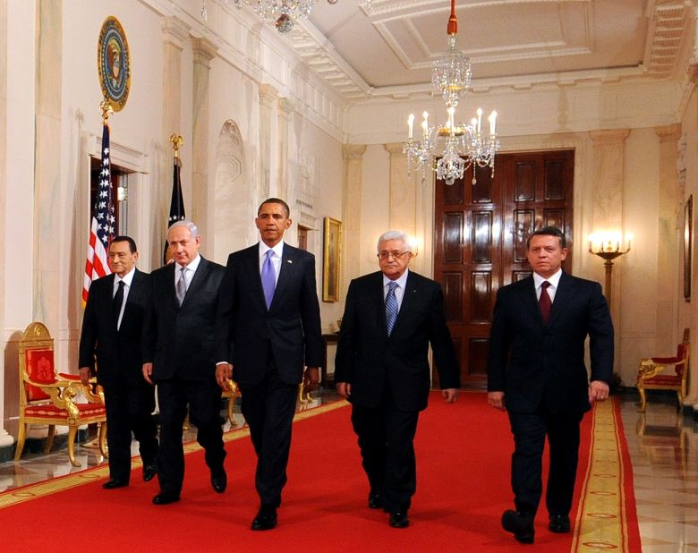 From left, Egyptian President Hosni Mubarak, Netanyahu, US President Barack Obama, Palestinian President Mahmoud Abbas and Jordan's King Abdullah II walk to the East Room of the White House to make statements on the Middle East peace process in September 2010.