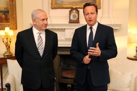 British Prime Minister David Cameron welcomes Netanyahu to No. 10 Downing Street in London in May 2011.