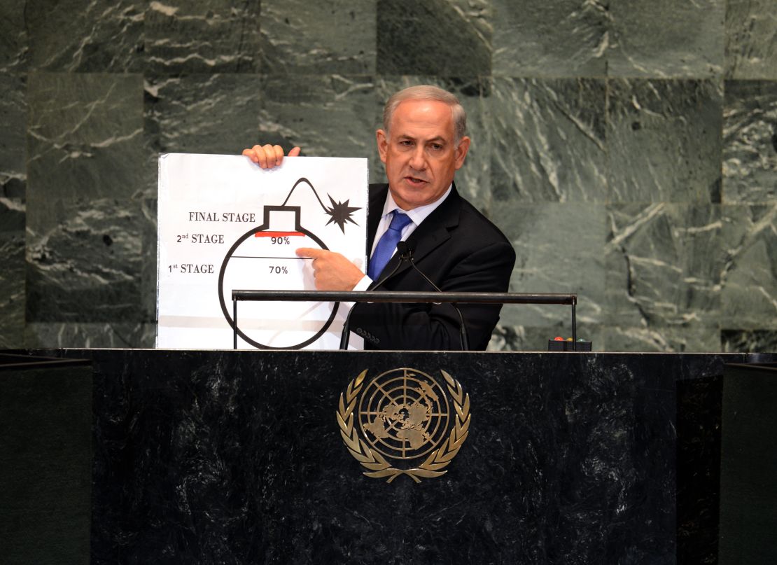 Netanyahu uses a diagram of a bomb to describe Iran's nuclear program during an address to the UN General Assembly in September 2012 in New York.