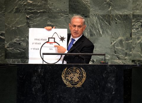 Netanyahu uses a diagram of a bomb to describe Iran's nuclear program while delivering an address to the UN General Assembly in September 2012. Netanyahu exhorted the General Assembly to draw "a clear red line" to stop Iran from developing nuclear weapons.