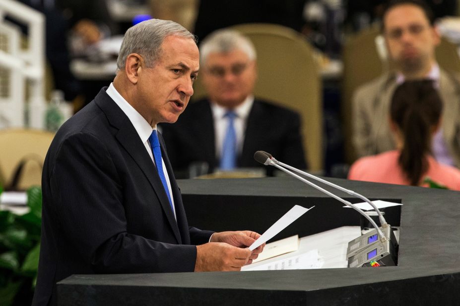 Netanyahu speaks at the UN General Assembly in October 2013. He accused Iranian President Hassan Rouhani of seeking to obtain a nuclear weapon and described him as "a wolf in sheep's clothing, a wolf who thinks he can pull the wool over the eyes of the international community." An Iranian representative rejected Netanyahu's accusations, calling them "inflammatory" and "unfounded."