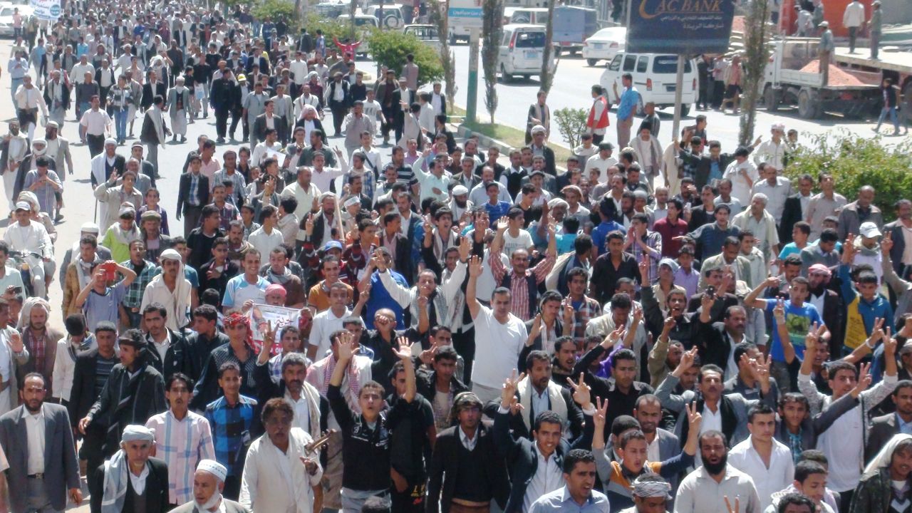 Caption:Yemeni protesters take part in rally against the Huthi Shiite movement in the city of Ibb, 190 kms southwest of Sanaa on February 21, 2015 after Yemen's Western-backed president, Abedrabbo Mansour Hadi, who resigned last month under pressure from Shiite militia, was out of the capital after weeks under house arrest. The president arrived in the main southern city of Aden, where his supporters have refused to recognise the authority of the presidential council installed by the Huthi militia to replace him. AFP PHOTO / STR (Photo credit should read -/AFP/Getty Images)