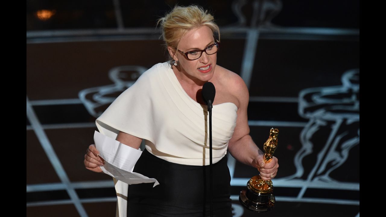 "Boyhood" co-star Patricia Arquette accepts the Oscar for best supporting actress. "We have fought for everybody else's equal rights. It's our time to have wage equality once and for all. And equal rights for women in the United Stares of America," she said to rousing applause.