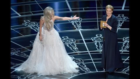 Lady Gaga introduces Andrews after singing a tribute to "The Sound of Music" at the 2015 Academy Awards.