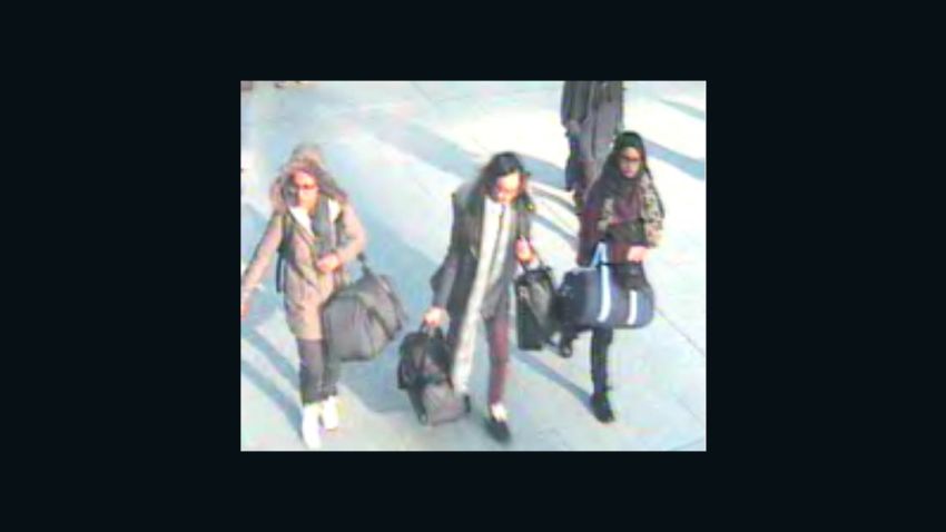 British teenagers Amira Abase, Shamima Begum and Kadiza Sultana at Gatwick Airport on their way to Turkey. Police fear they may be making their way to Syria.