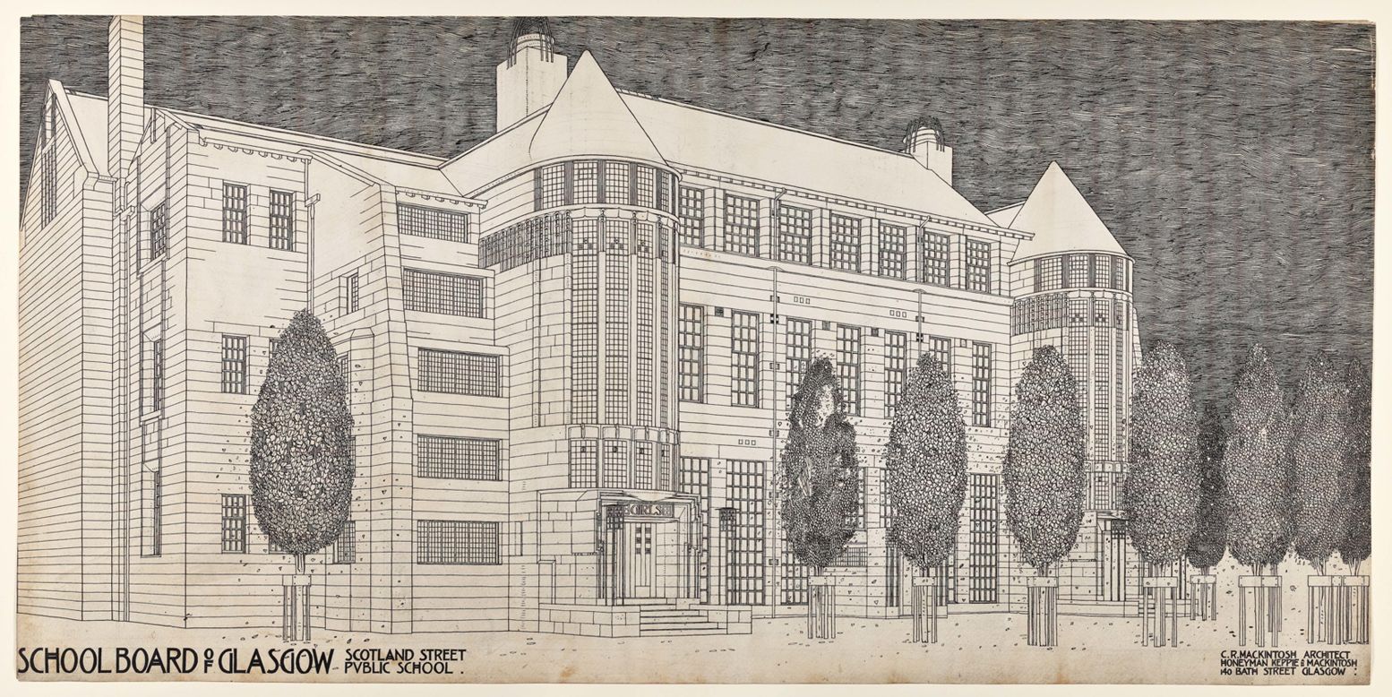 Scotland Street School, opened in 1906, is one of Charles Rennie Mackintosh's most famous creations. Although it ceased operating as a school in the 1970s, it remains one of the Glasgow's most admired architectural attractions.<br /><br />This sketch from the RIBA collection displays how the architect envisioned the building during the design phase.
