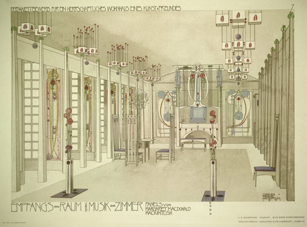 Some, like the House of an Art Lover, were built more than half a century after his death in 1928, a testament to his enduring and influential legacy. <br /><br />This image, provided by the RIBA collection displays the interior design of the House of an Art Lover as Mackintosh imagined it. His signature rose motif is prominent throughout the design.